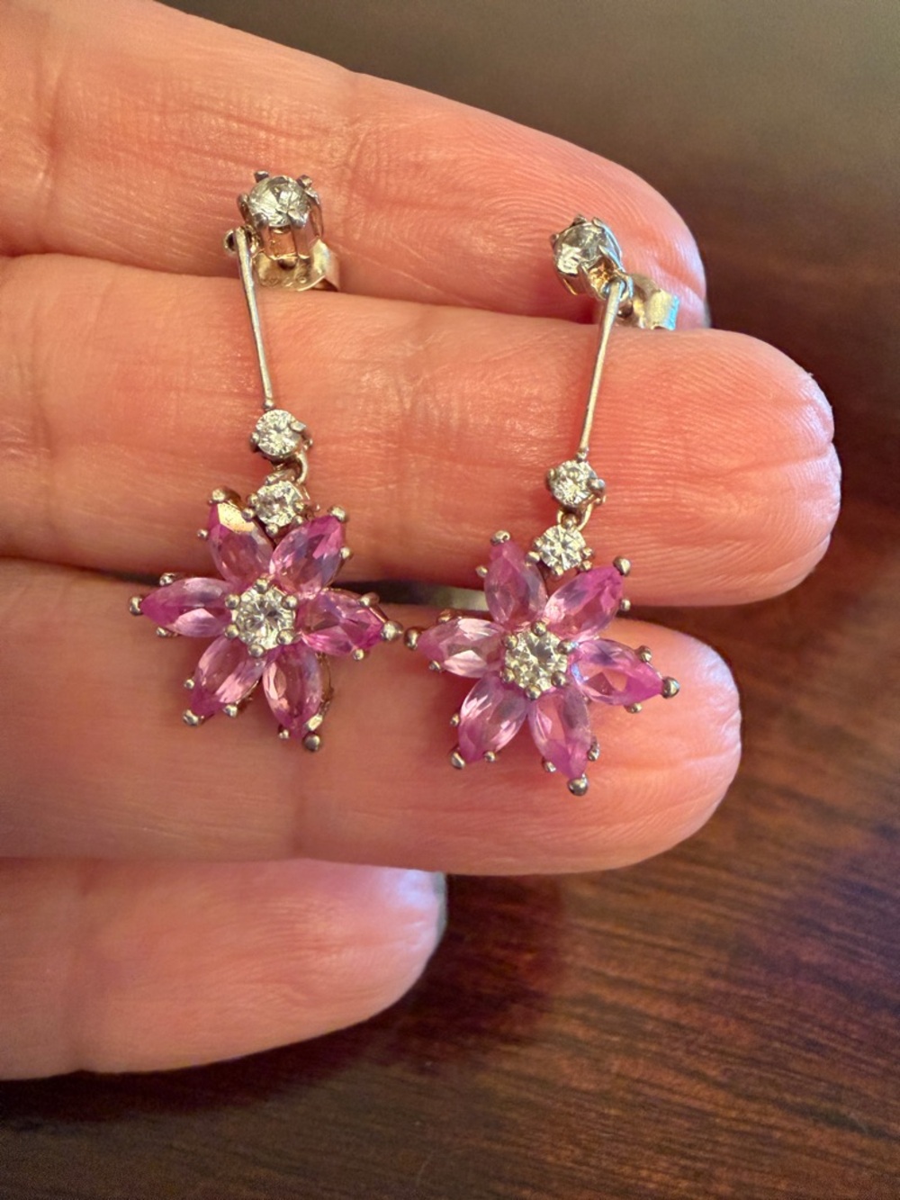 sterling silver pink sapphire flowers  Drop Earrings